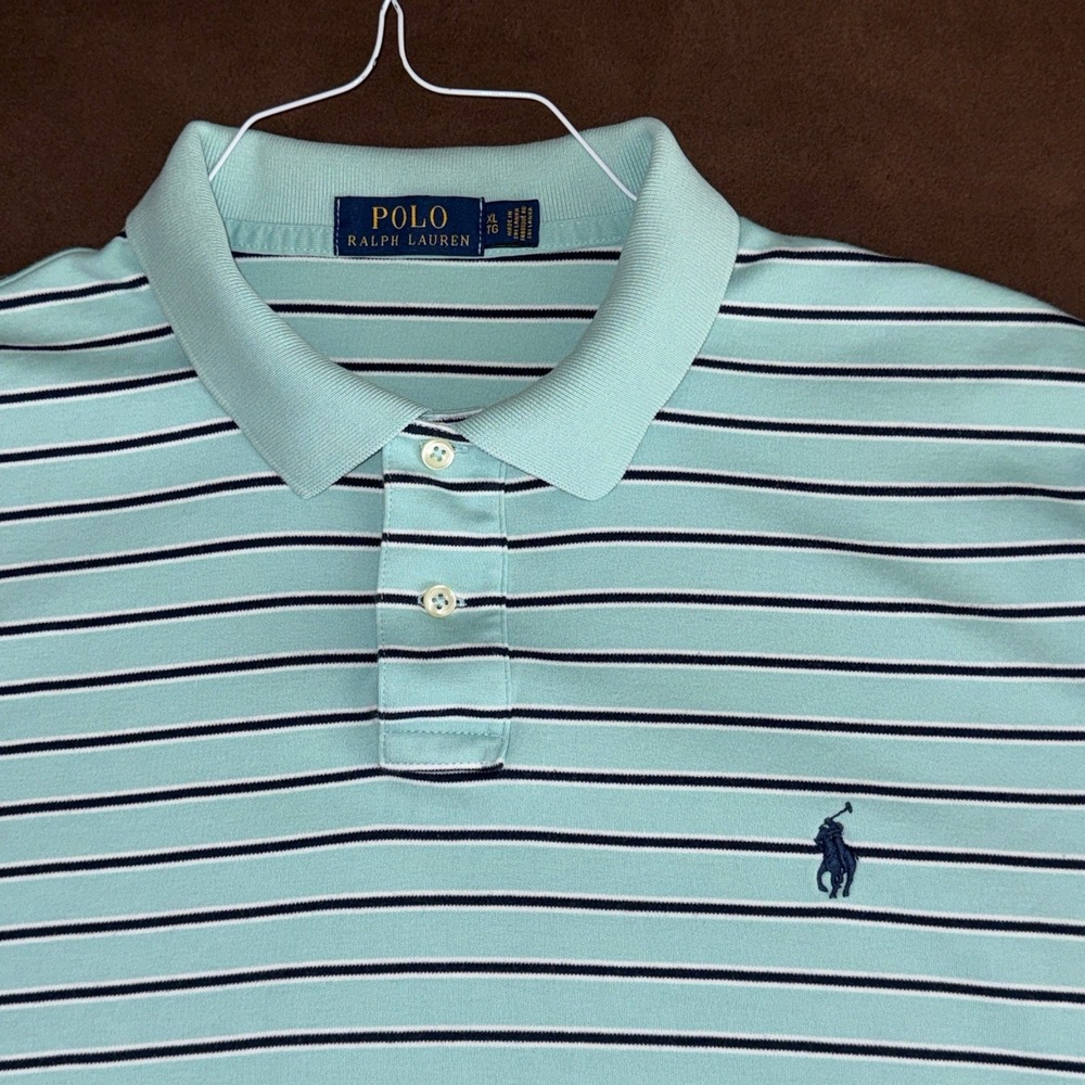 Polo Ralph Lauren Mens‎ Striped Short Sleeve Polo Shirt Aqua Navy XL - Picture 5 of 10